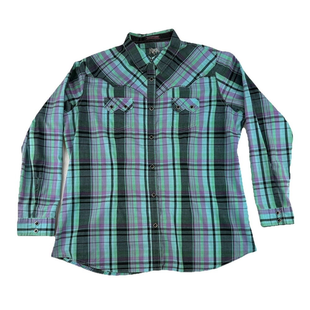 Rock 47 Wrangler Womens Top Size XXL Multicolor Plaid Western Square Pearl Snaps